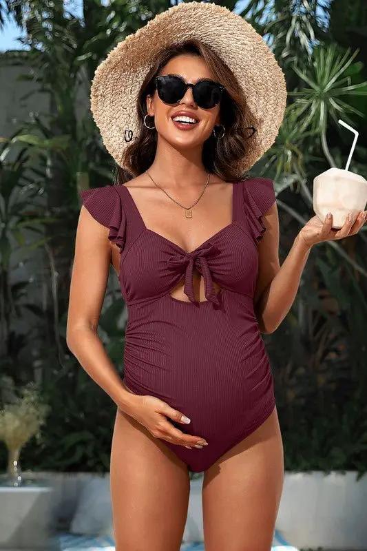 Ribbed Tie Knot Cutout Ruched Maternity Swimsuit for Comfortable Pregnancy - Love Salve